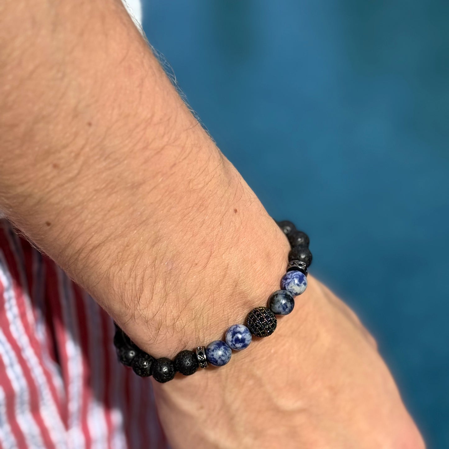 Royal Bleu - Bracelet with Vibrant Blue Beads, Matte Lava Stones and CZ Diamond