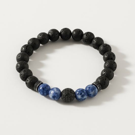 Royal Bleu - Bracelet with Vibrant Blue Beads, Matte Lava Stones and CZ Diamond